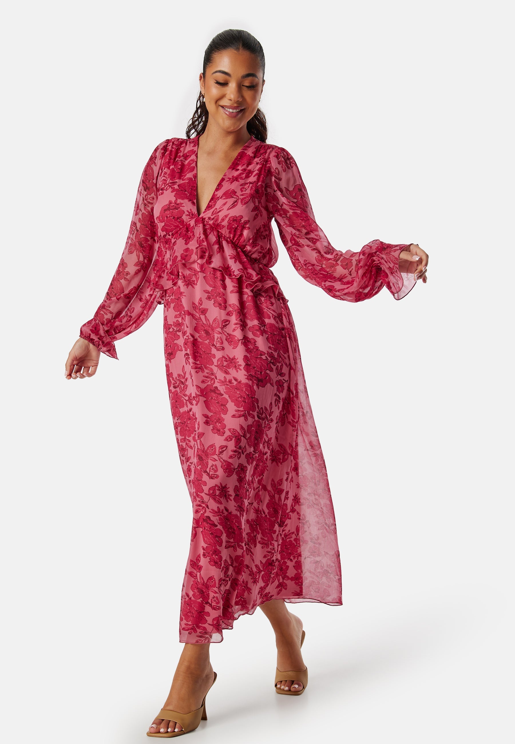 Bubbleroom Occasion Frill L/S Chiffon Midi Dress