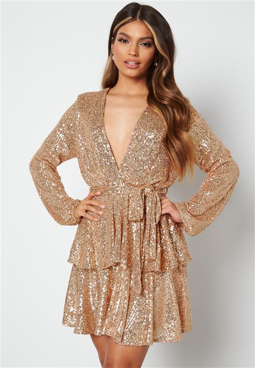 John Zack Sequin Deep V Ruffle Skater Dress