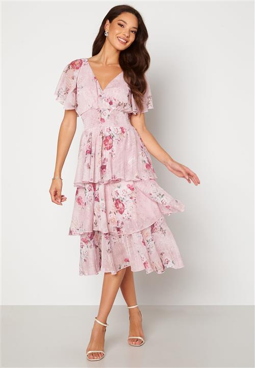 Goddiva Floral Flutter Tiered Midi Dress