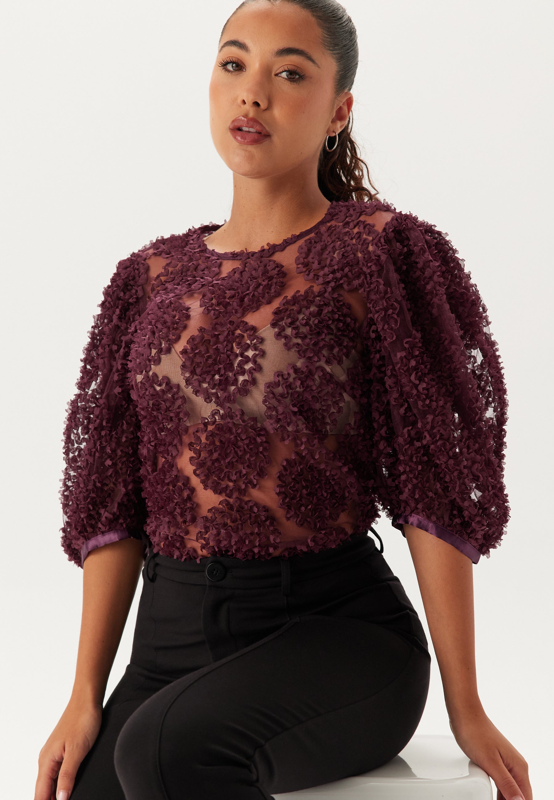 BUBBLEROOM 3D Flower Puff Sleeve Blouse