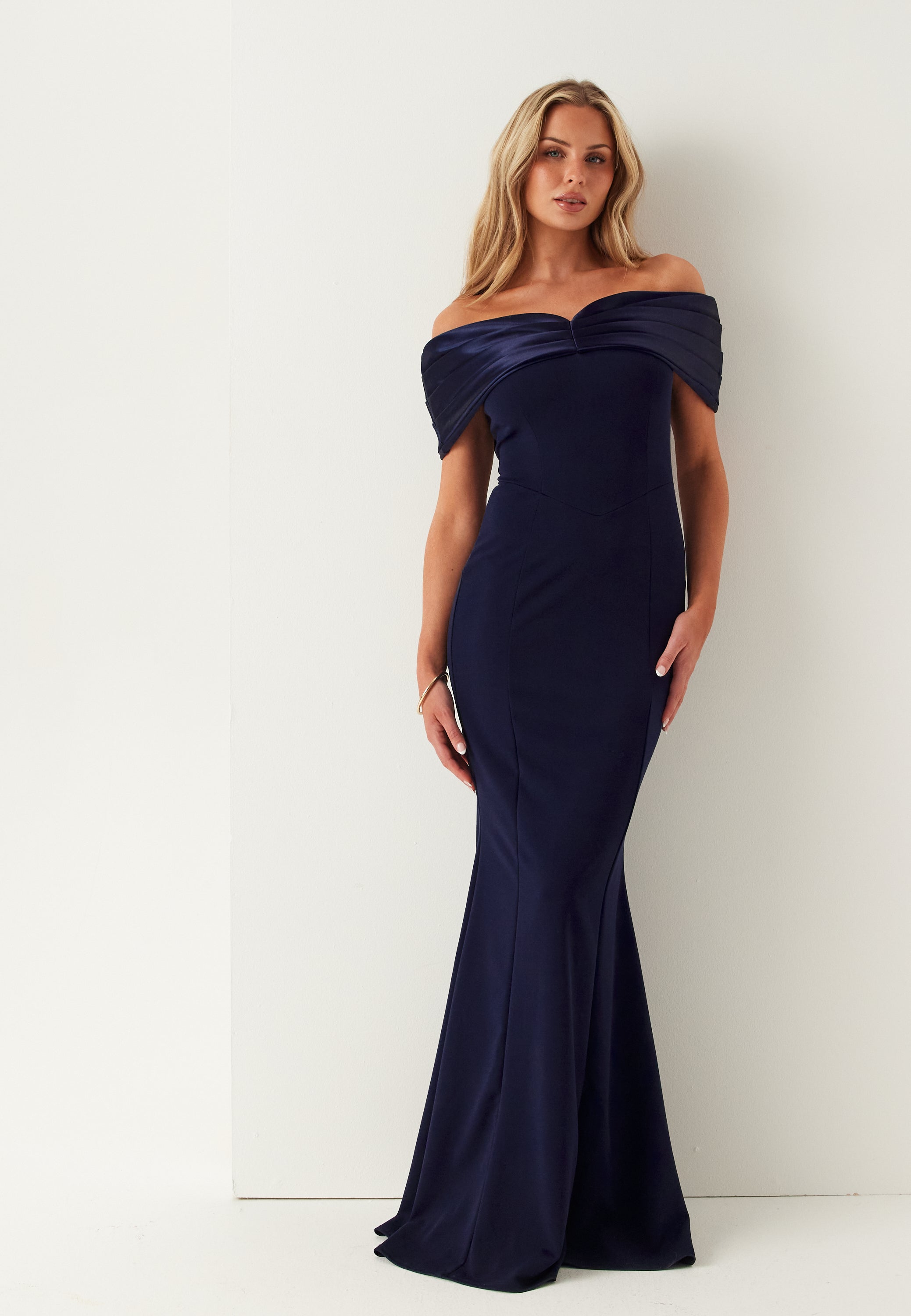 Bubbleroom Occasion Satin Bow Off Shoulder Gown