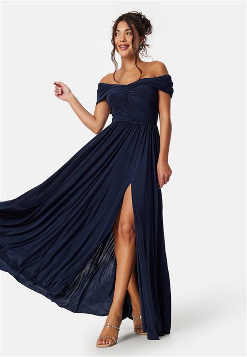 Goddiva Bardot Rouched Maxi Split Dress