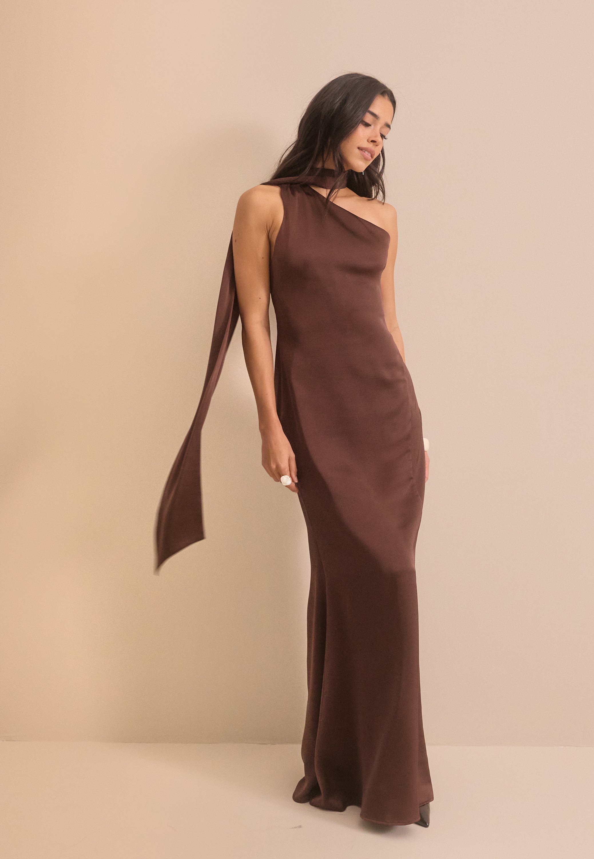 Bubbleroom Occasion One Shoulder Scarf Satin Gown