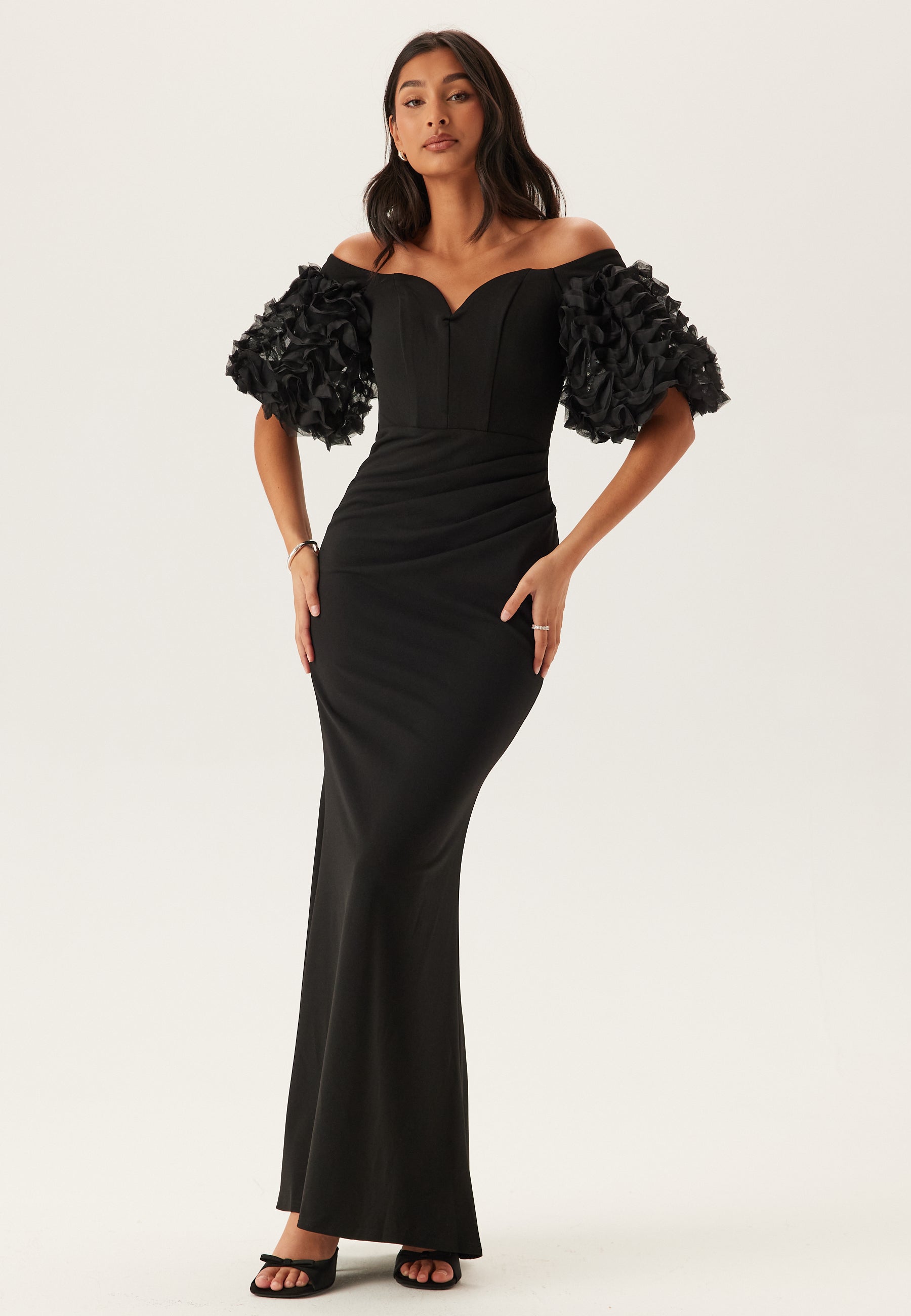 Goddiva Bardot Ruffle Sleeve Maxi Dress