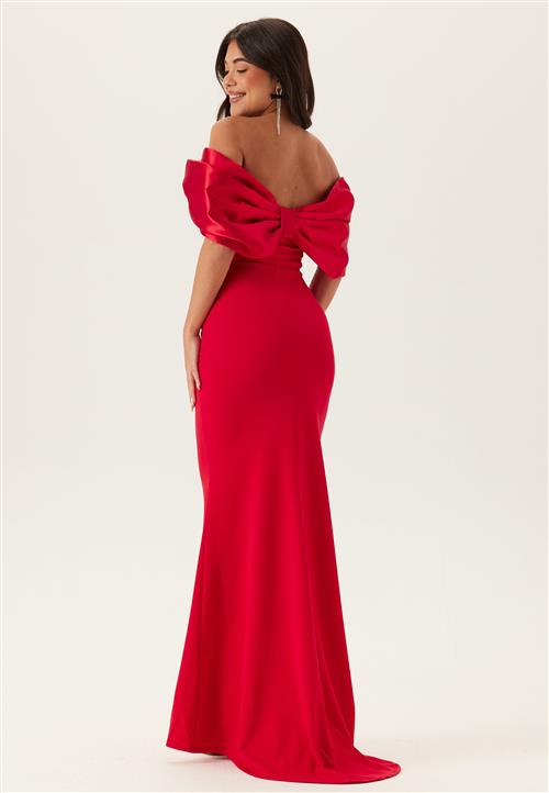 Goddiva Bardot Satin Bow Back Maxi Dress