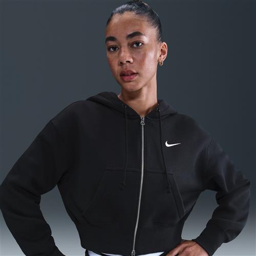 Løstsiddende Nike Phoenix Fleece-hættetrøje med kort snit og fuld lynlås til kvinder - sort