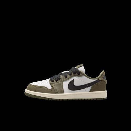 Air Jordan 1 Retro Low "Medium Olive and Summit White"-sko til mindre børn - grøn