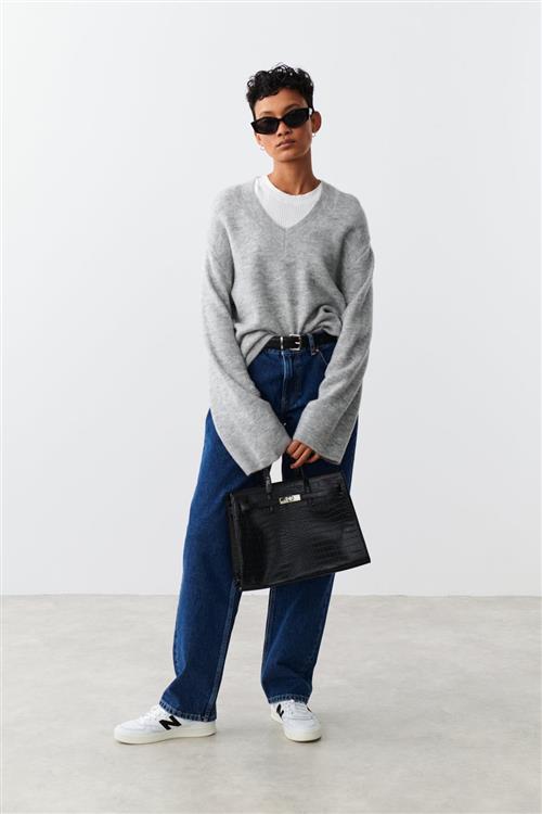 Gina Tricot - V-neck knitted sweater - Striktrøjer - Grå - L - Dame