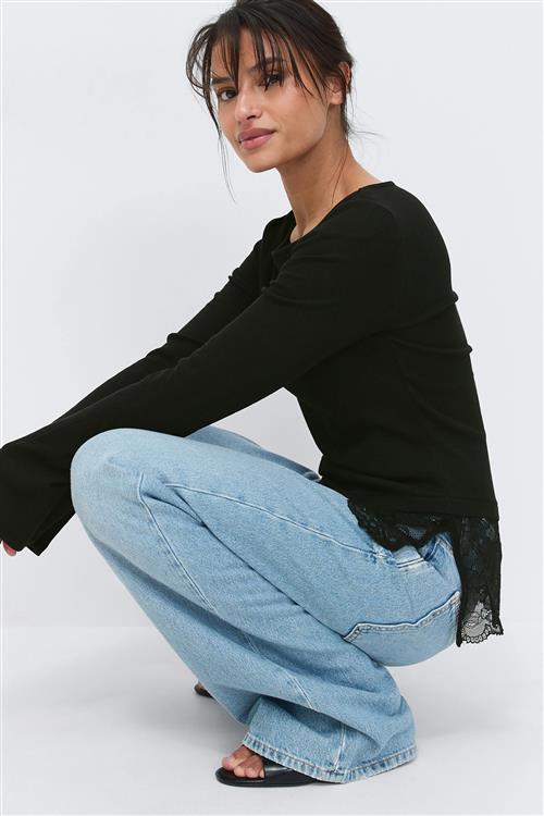 Gina Tricot - Lace detail boatneck top - Langærmede toppe - Sort - XL - Dame