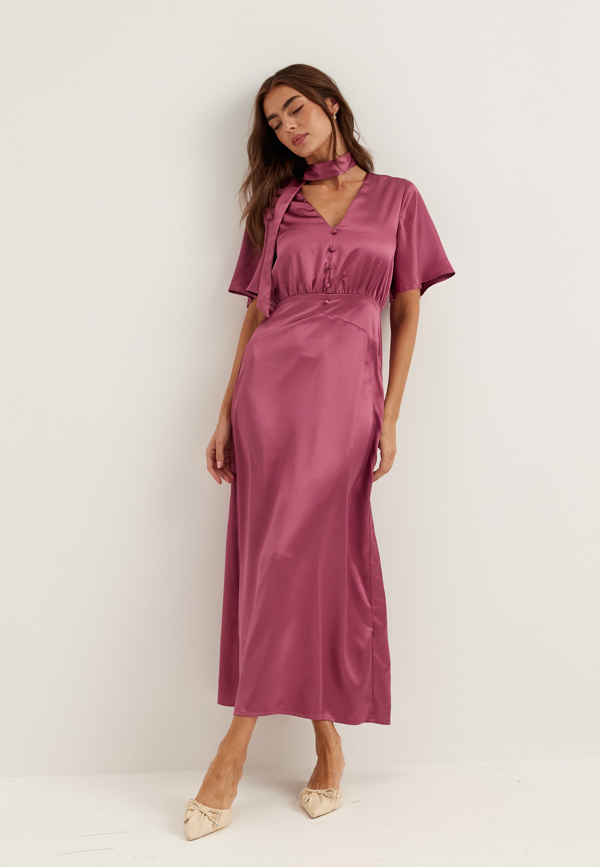 BUBBLEROOM Satin Scarf Maxi Dress