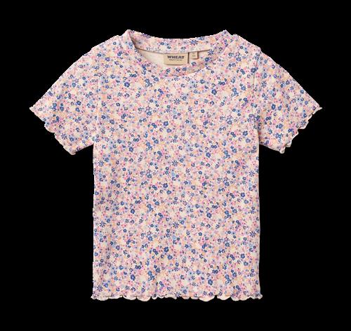 Wheat Rib T-shirt S/S Alicia Pink Blue Flowers Pink Blue Flowers 98 cm  Lyserød  98 cm  kvinde
