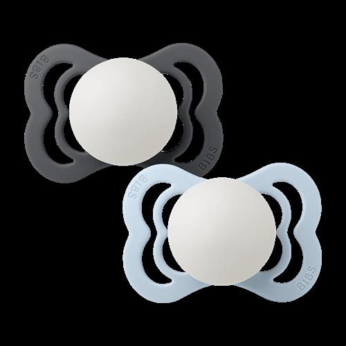 BIBS Supreme 2-pak Runde Silikonesutter Baby Blue Iron Glow  Baby Blue Iron Glow 0+M Silicone Blå  0+ måneder  unisex
