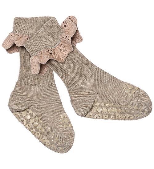 GoBabyGo Skridsikre Strømper - Light Brown Melange m. Blonder