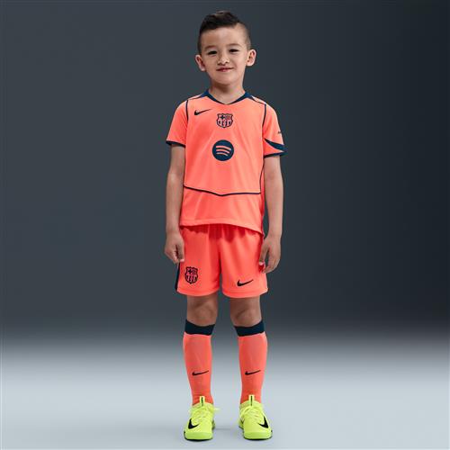 FC Barcelona 2025/26 Stadium Third Nike Dri-FIT Total 90-fodboldsæt i tre dele til mindre børn - Orange