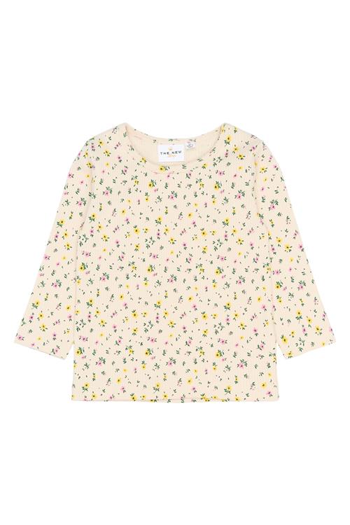 The New Siblings Selma Langærmet Rib Tee Gardenia Aop  Gardenia AOP-98 cm  Creme  98 cm  kvinde