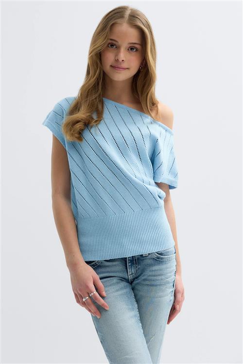 Gina Tricot - Y boatneck knitted top - Toppe - Blå - 134/140 - Pige