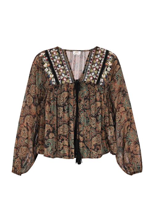 usha FESTIVAL Bluse 'Folklore'  cyanblå / karamel / sort / hvid