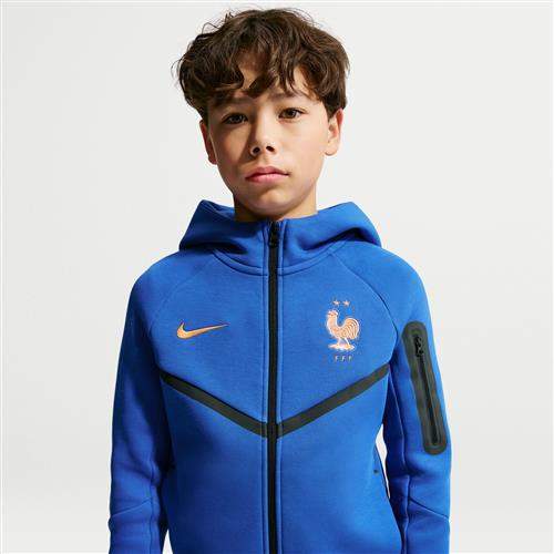 FFF Tech Fleece-Nike-fodboldhættetrøje med lynlås i fuld længde til større børn (drenge) - blå
