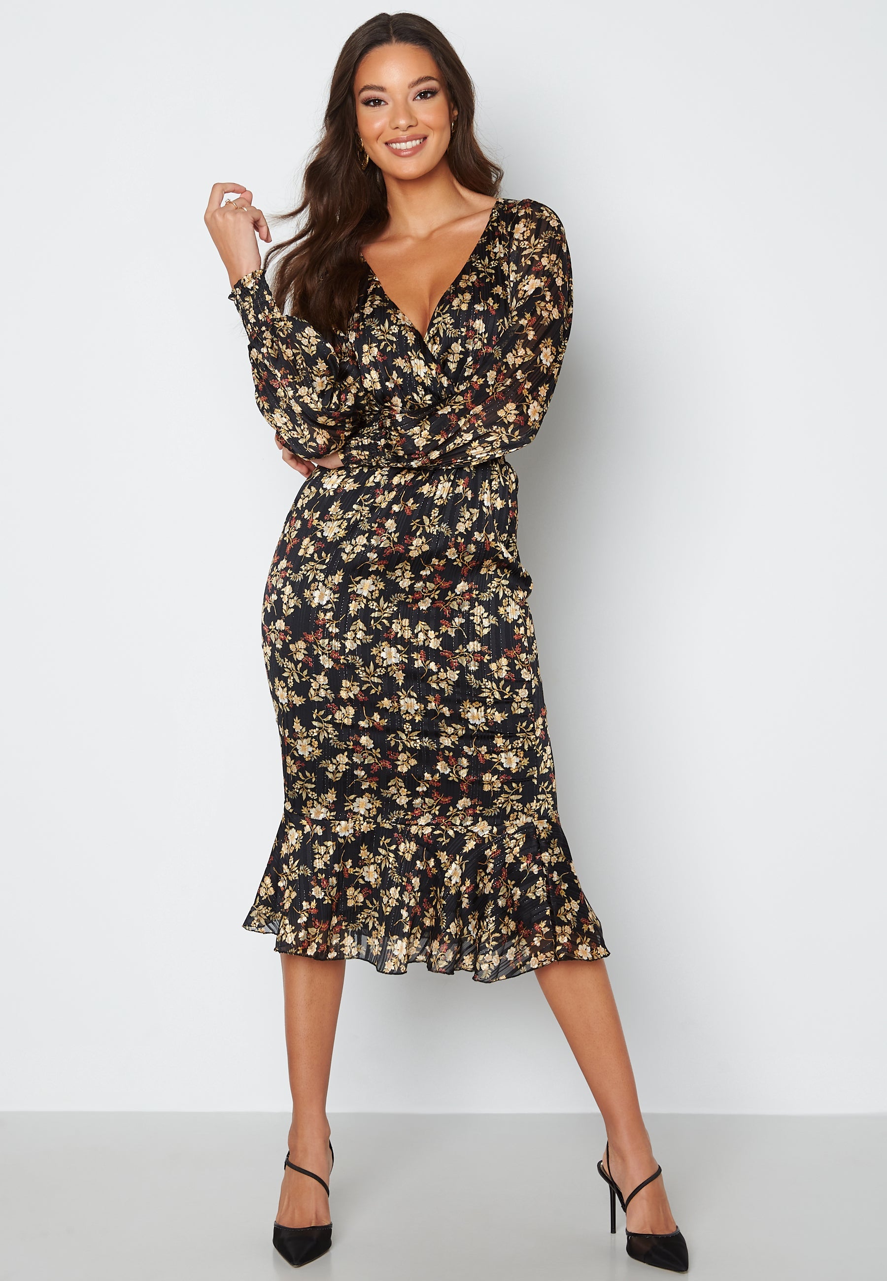 Goddiva Floral Fishtail Midi Dress