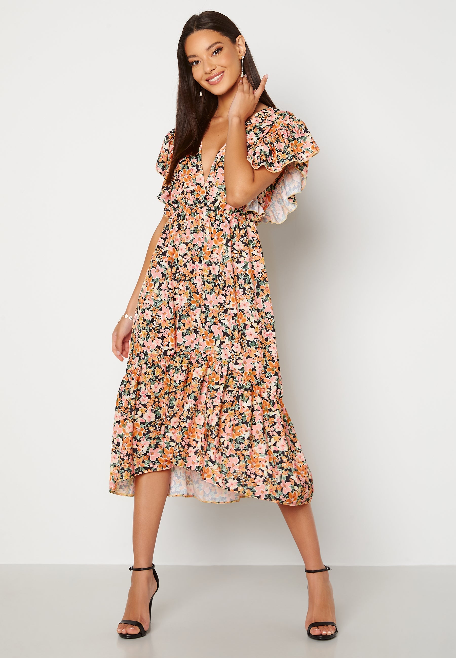 John Zack Frill Sleeve V Neck Midaxi Dress