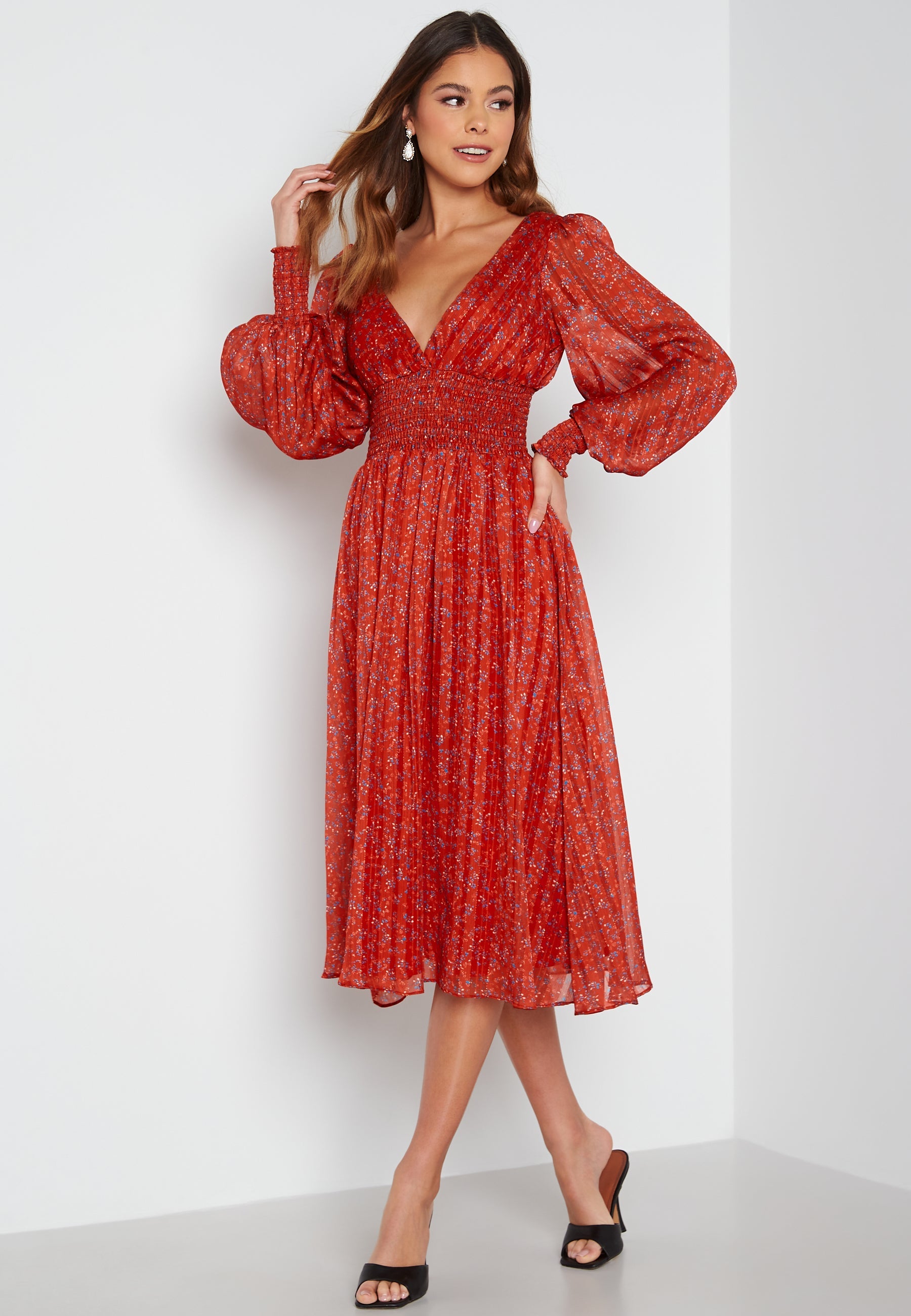 Goddiva Ditsy Long Sleeve Shirred Midi Dress
