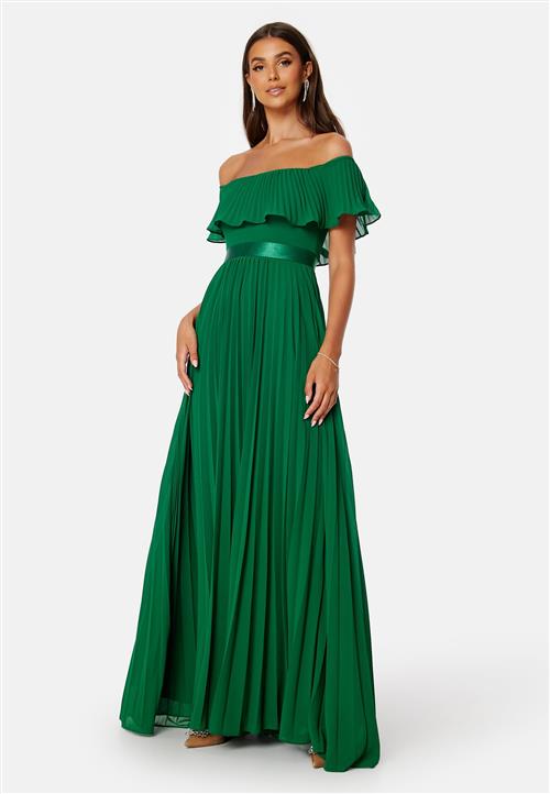Goddiva Pleated Chiffon Off Shoulder Maxi Dress