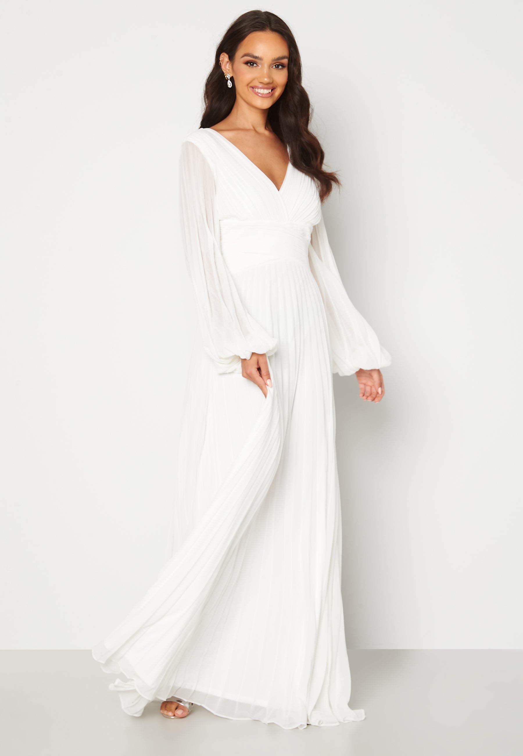 Goddiva Pleated Balloon Sleeve Maxi Dress White