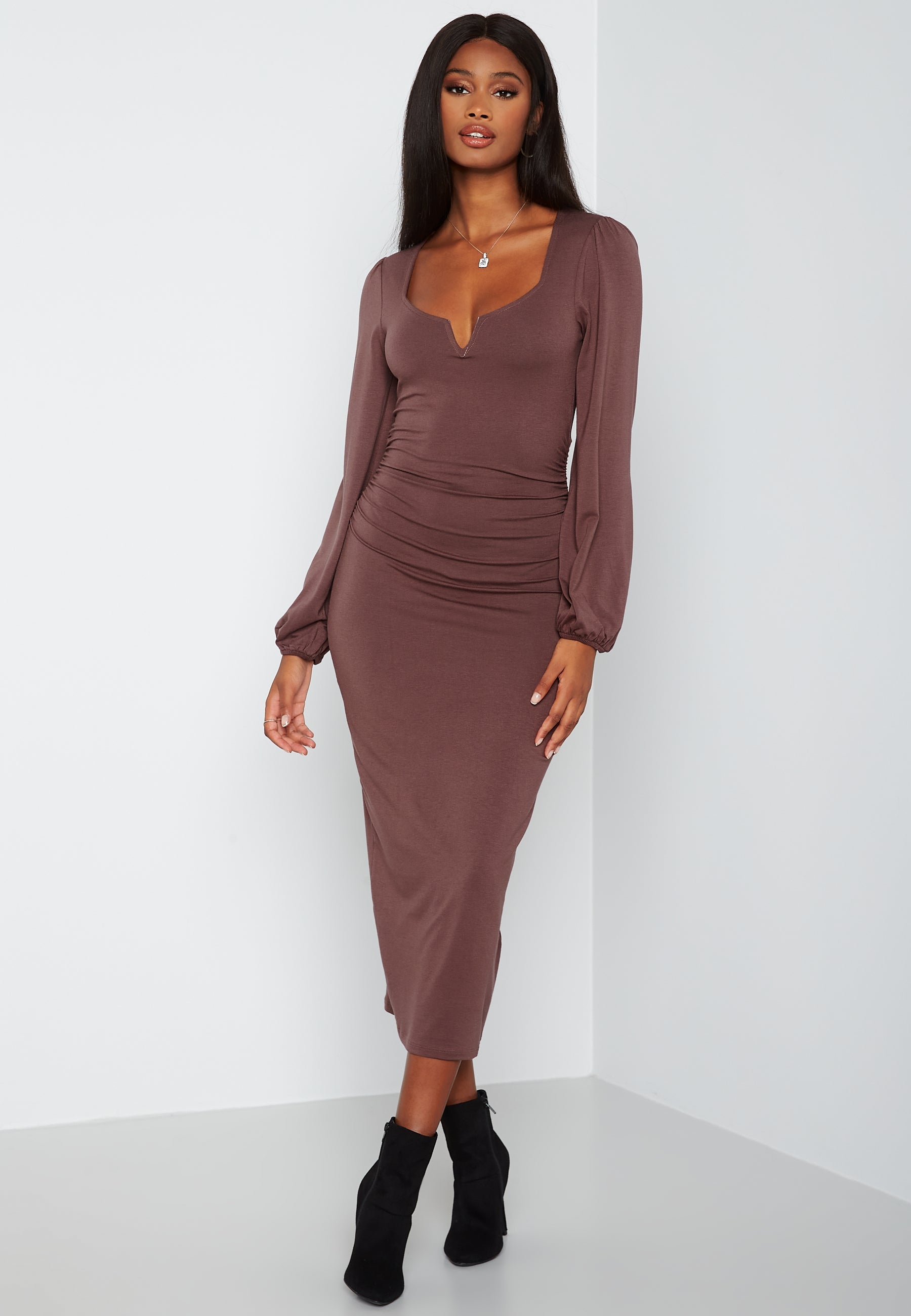 BUBBLEROOM Square V-neck Puff Sleeve Midi Dress