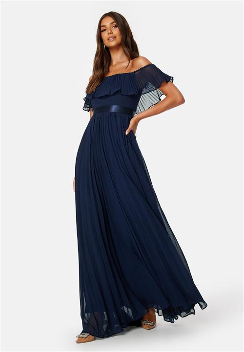 Goddiva Pleated Chiffon Off Shoulder Maxi Dress