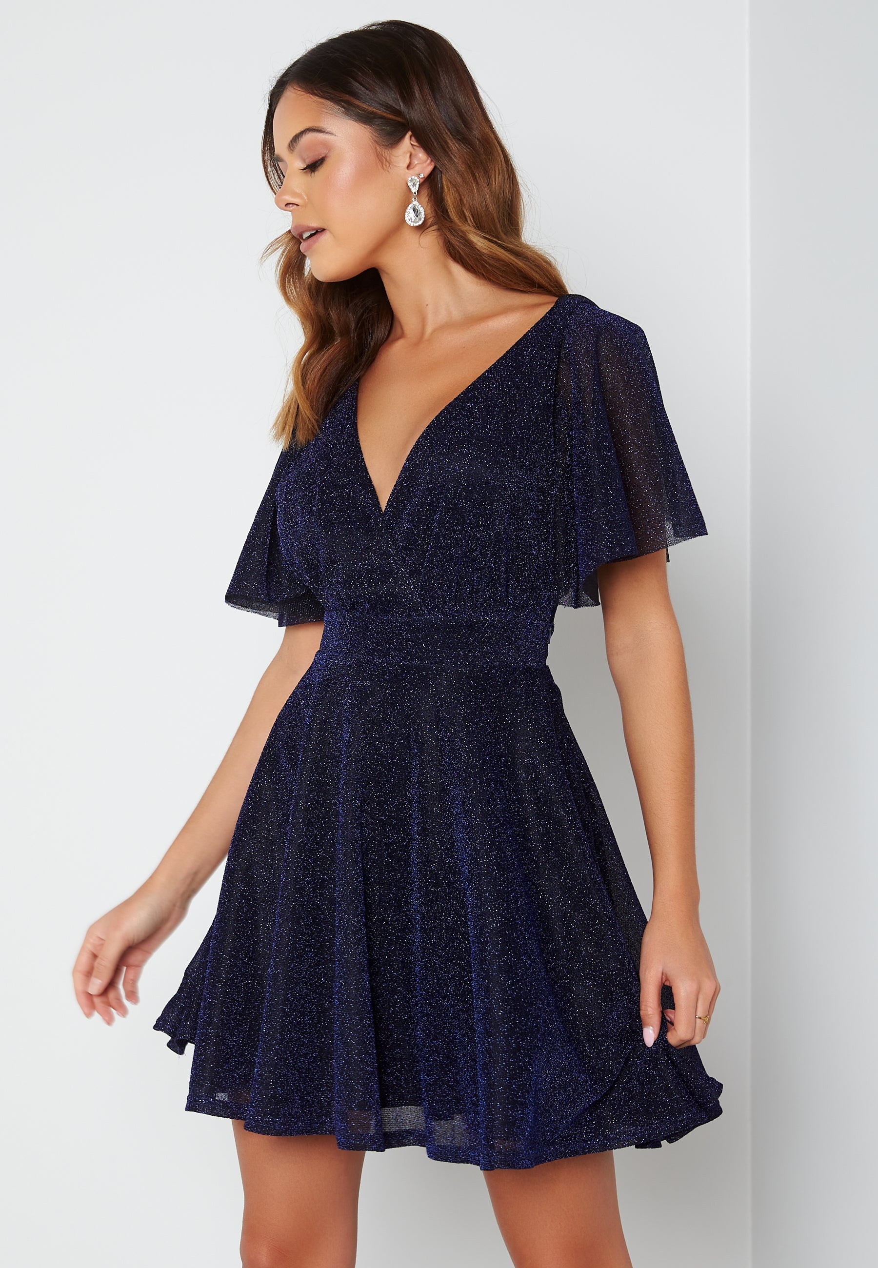 Goddiva Flutter Sleeve Glitter Skater Dress
