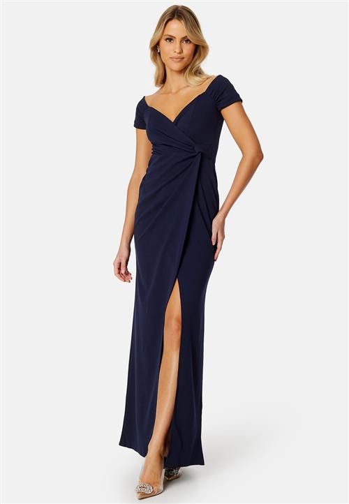Goddiva Bardot Knot Front Maxi Dress