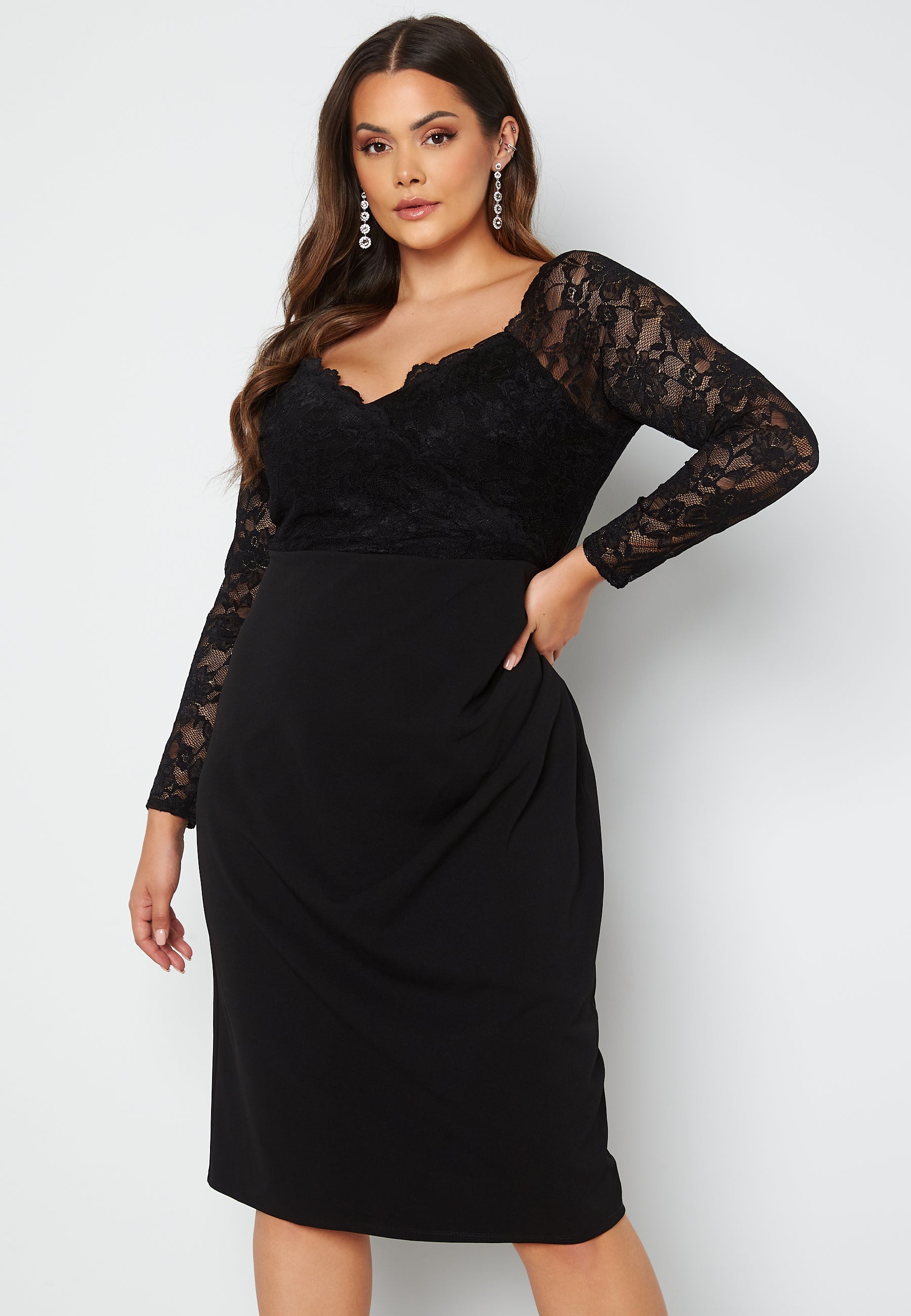 Goddiva Curve Long Sleeve Lace Trim Midi Dress