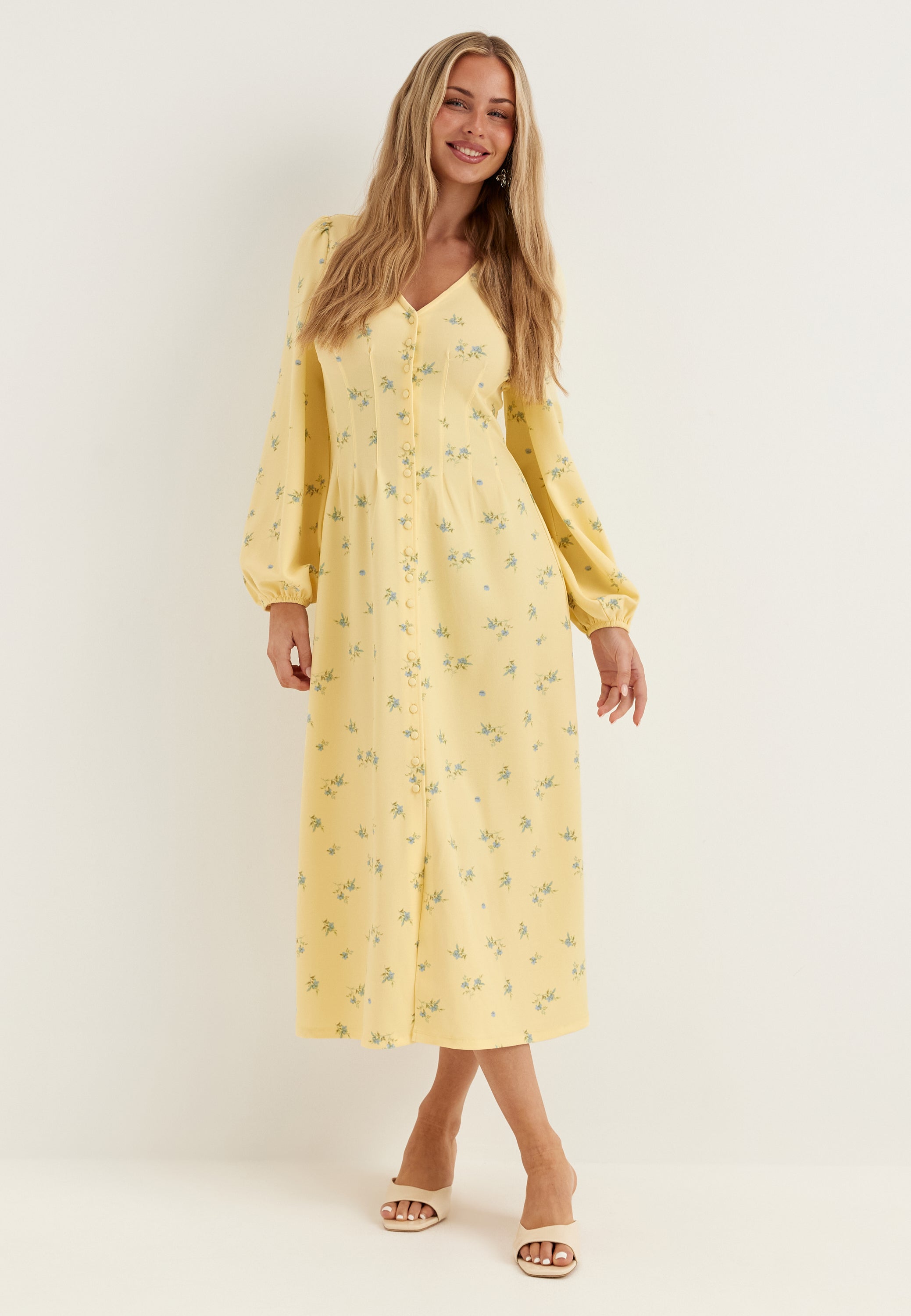 BUBBLEROOM Midi Button Volume Sleeve Dress