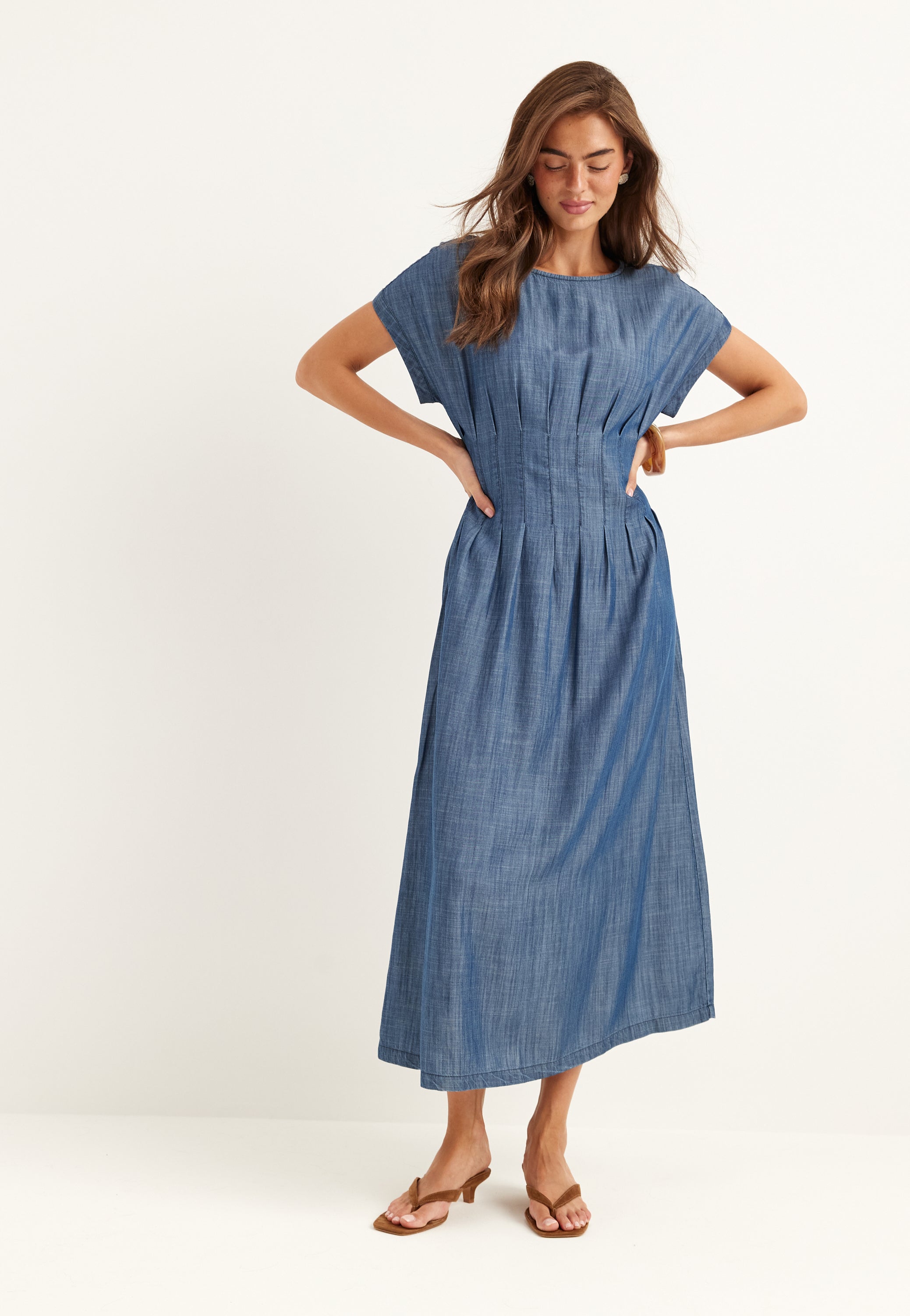 BUBBLEROOM Denim Pleated Midi Dress