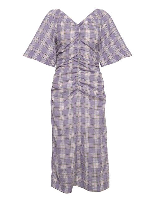 GANNI | Seersucker Check V-Neck Fitted Midi Dress | 38
