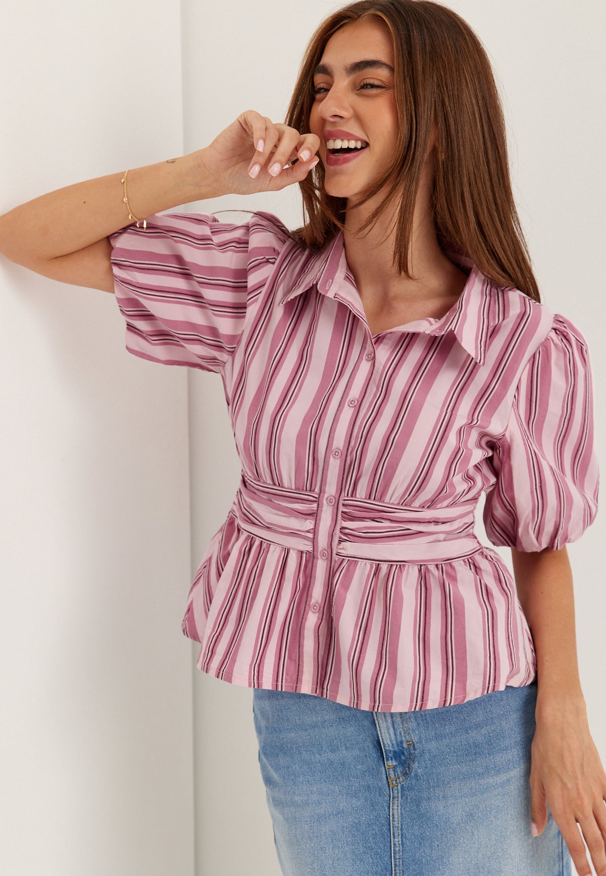 BUBBLEROOM Waist Detail Cotton Blouse