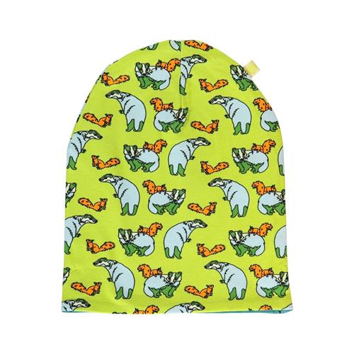 Småfolk Reversible beanie with badger, fox and Fall leaves  Pear Green 50/52 cm  Grøn  50/52 cm  Drenge