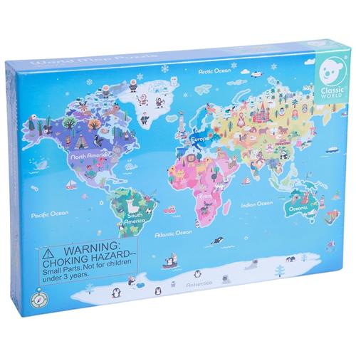 Classic World Puslespil Med Verdenskort Blå  3-6 Y    3-6 år 3+ Years Drenge, Piger