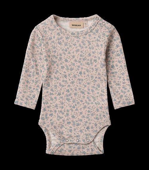 Wheat Lucca Uld Med Lange Ærmer Body Blue Flowers  Blue Flowers 74 cm Uld Lyserød  74 cm  Piger