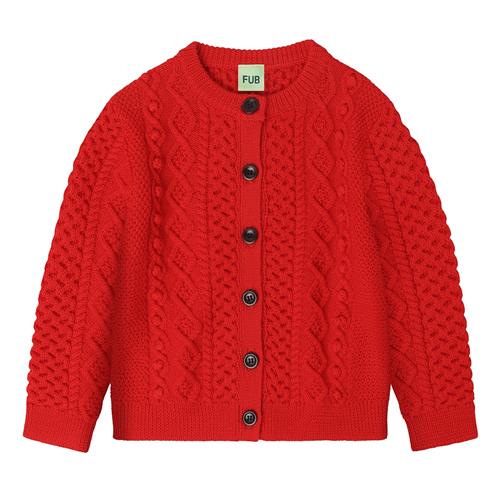 FUB Aran Cardigan I Uld Signal Red  Signal Red-90 cm Wool Rød  90 cm  Drenge, Piger