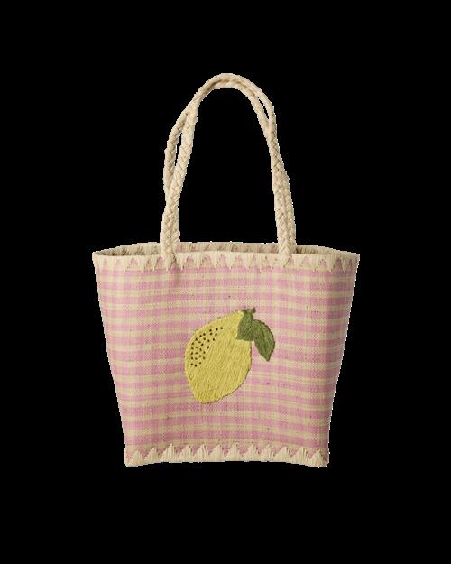 RICE Lille Raphia-taske Med Citronbroderi Pink  Pink One Size  Lyserød  One Size