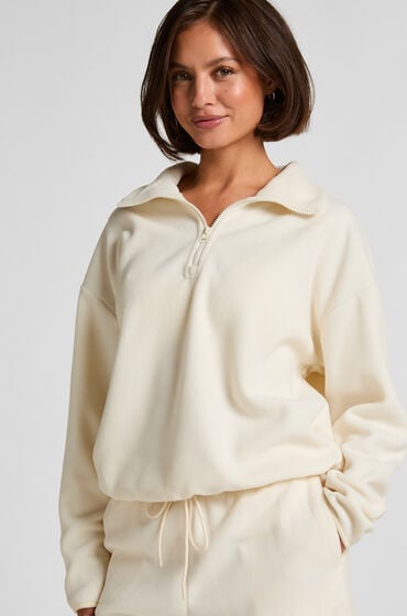 Se Hunkemöller Overdel med halv lynlås sporty fleece Hvid hos Hunkemøller