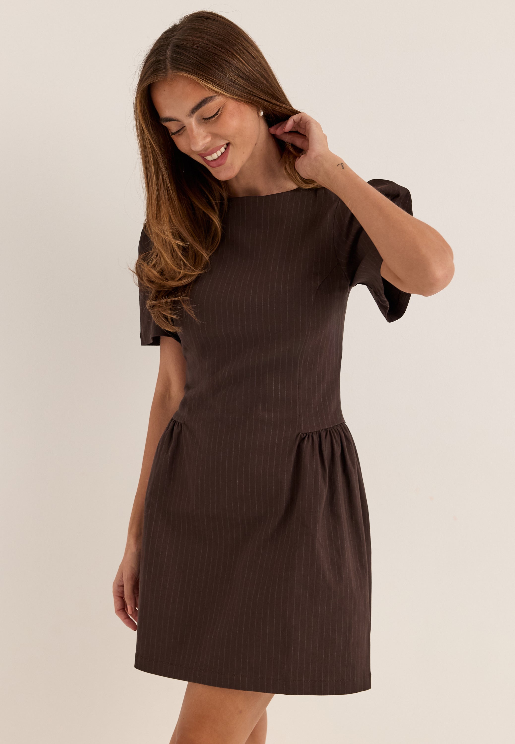 BUBBLEROOM Pinstripe Shaped Waist Short Dress