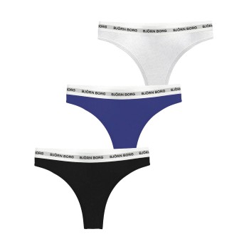 Björn Borg Trusser 3P Logo Thong Sort/Blå bomuld Large Dame