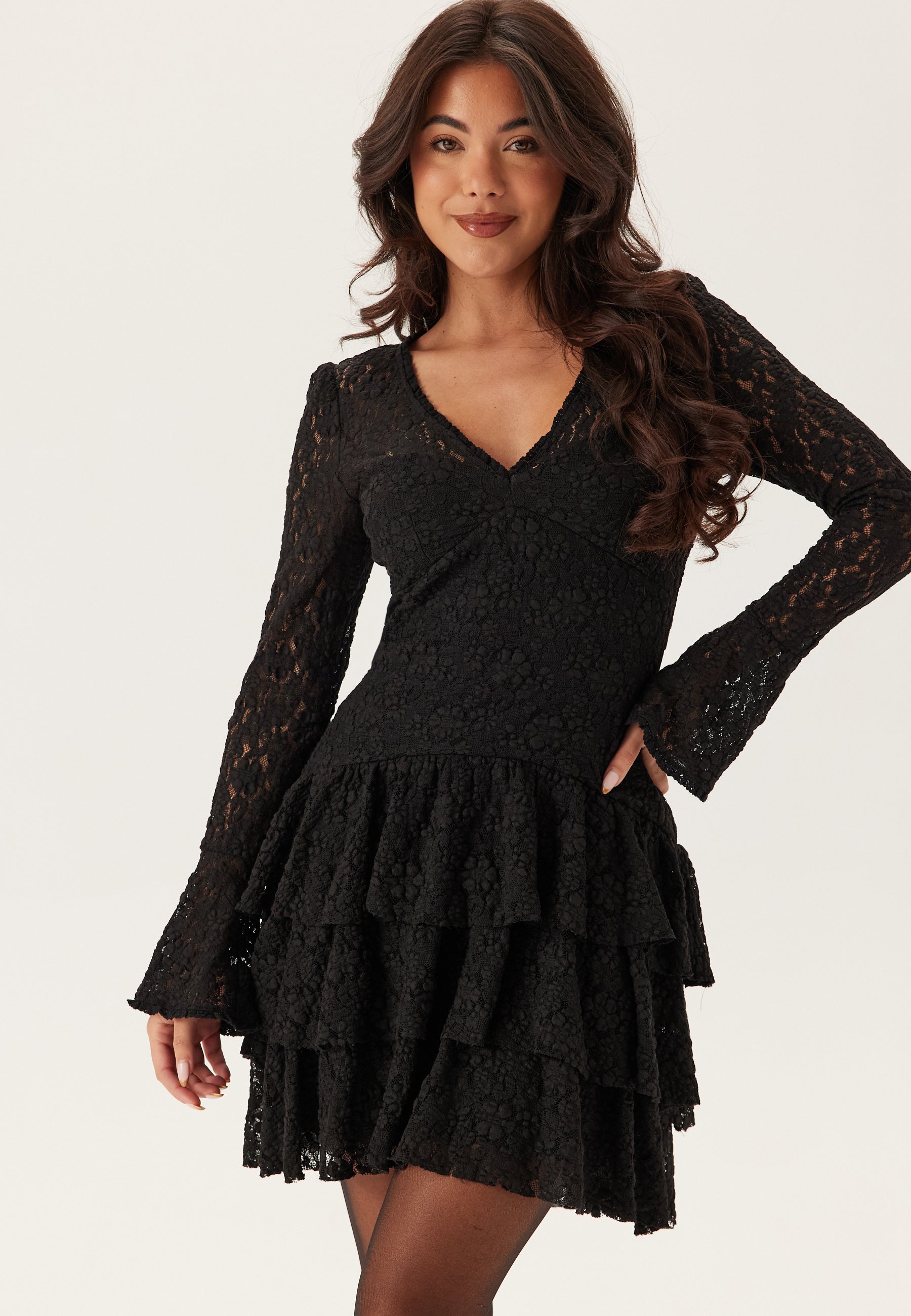 Bubbleroom Occasion Frill Lace Long Sleeve Short Dress