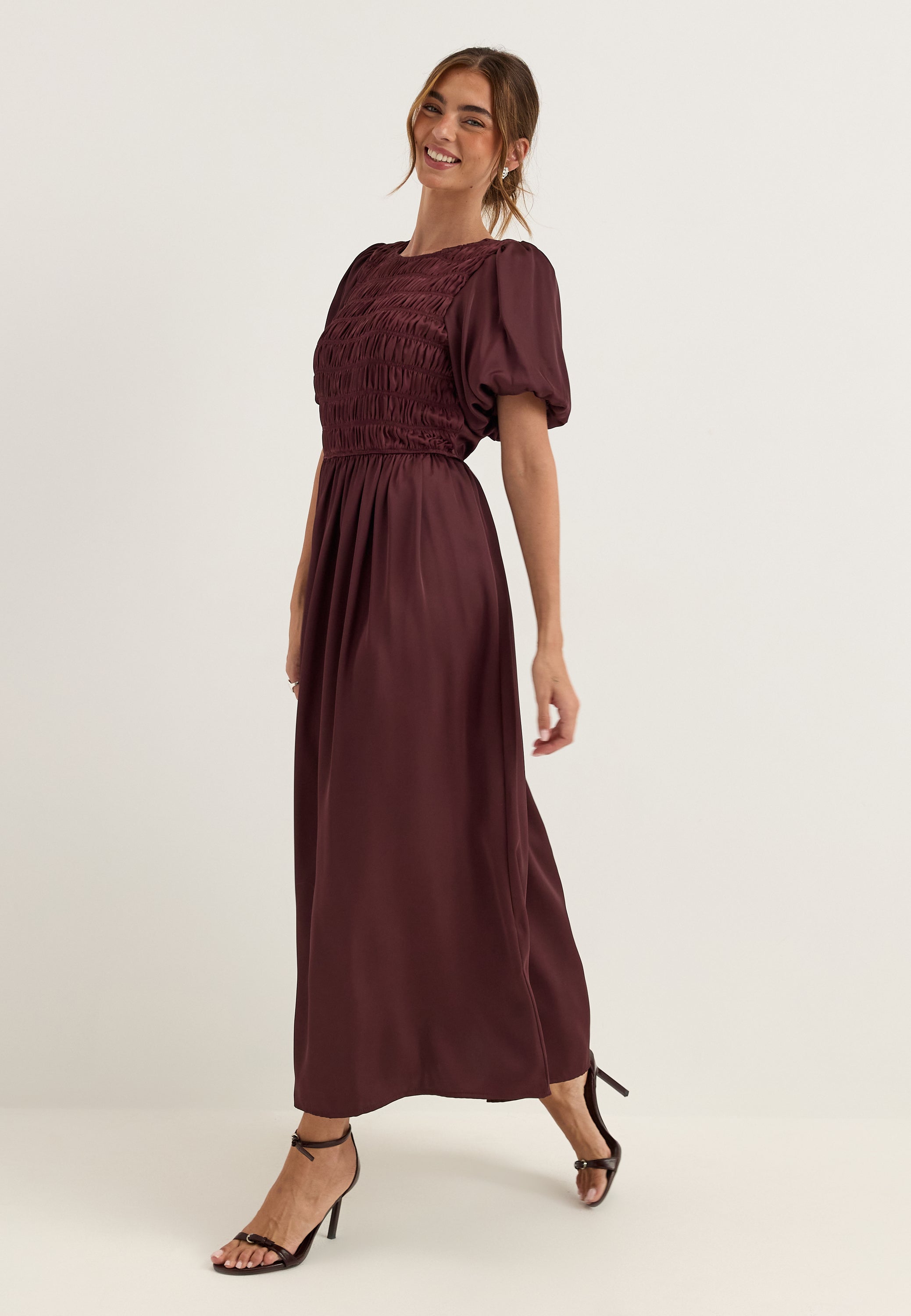 BUBBLEROOM Smock Satin Maxi Dress