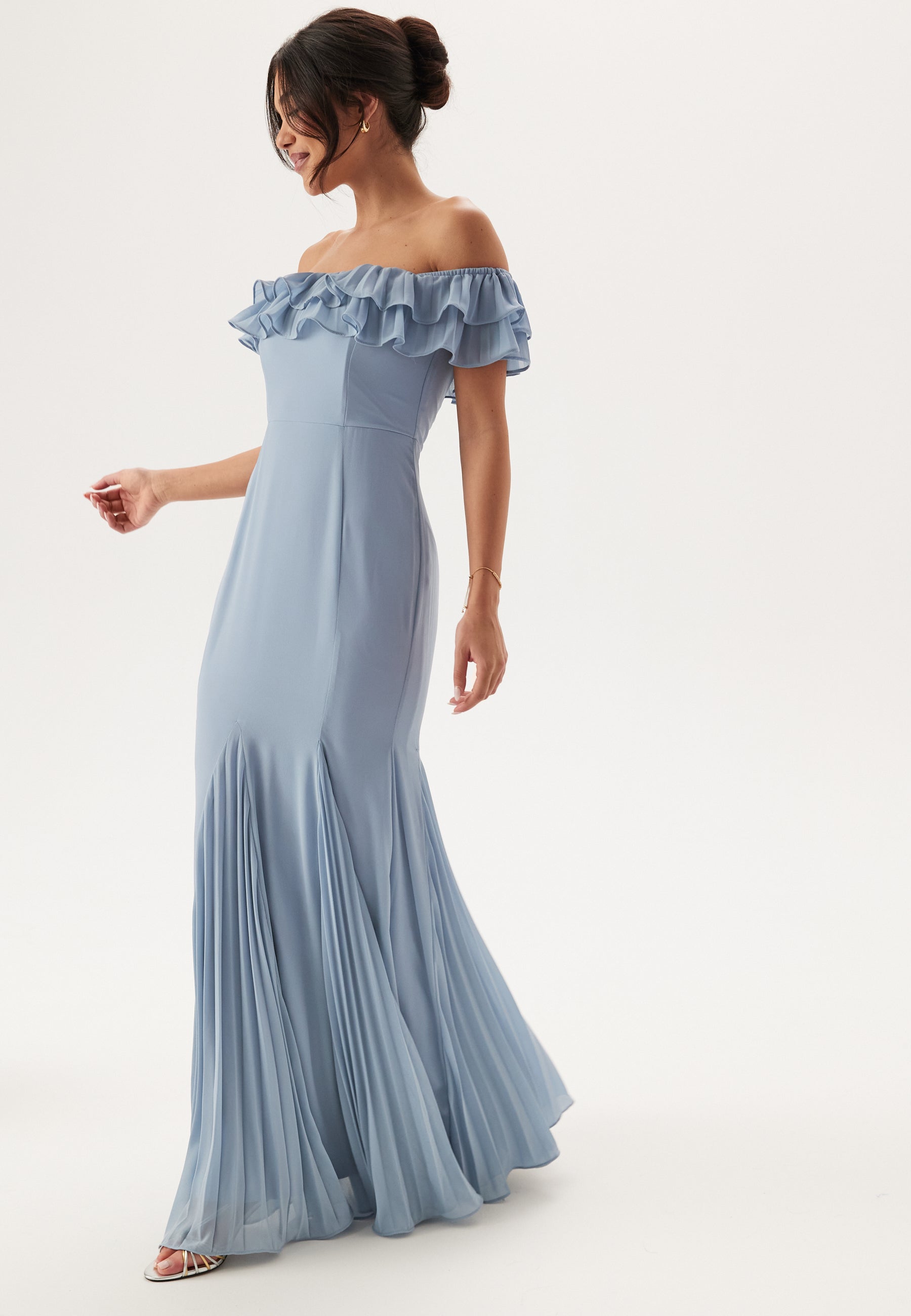 Goddiva Frilly Chiffon Off Shoulder Maxi Dress