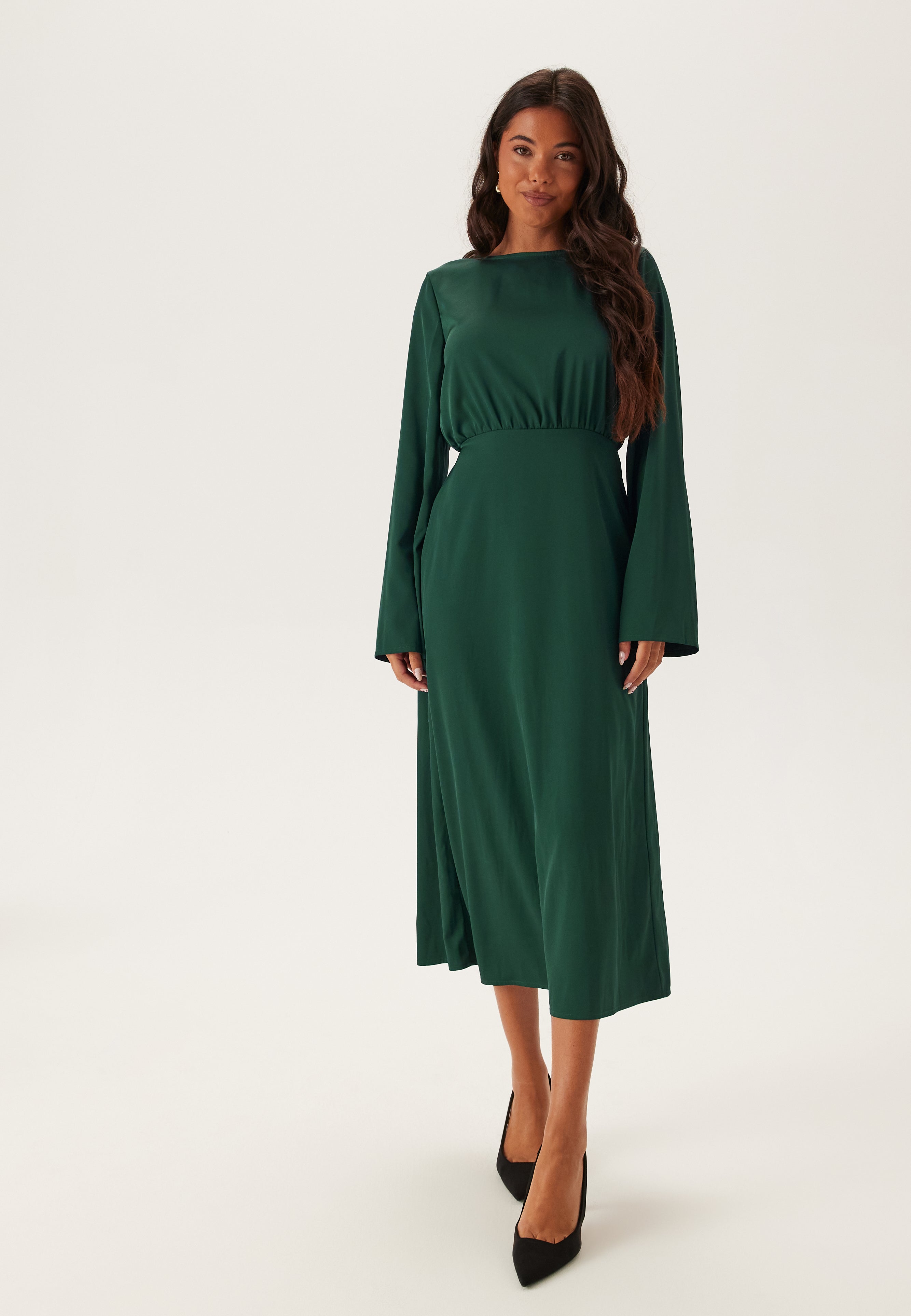 BUBBLEROOM Boatneck Satin Midi Dress
