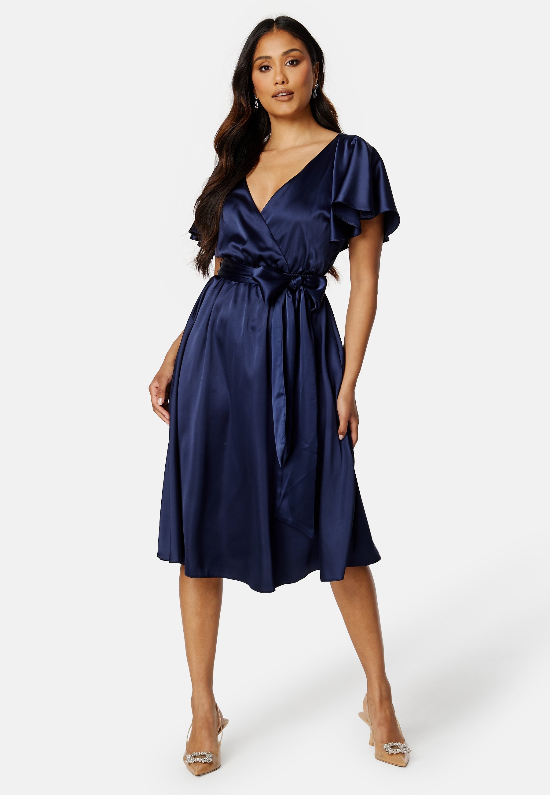 Goddiva Flutter Sleeve Satin Midi Dress