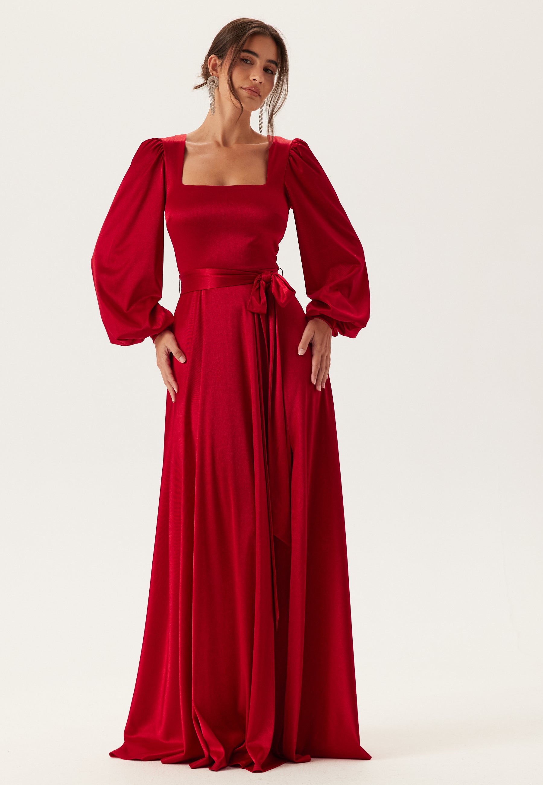 Goddiva Satin Volume Sleeve Maxi Dress